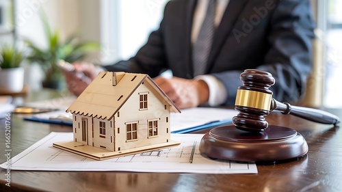 Lawyer or judge presiding over a real estate property dispute with a house model and gavel on desk