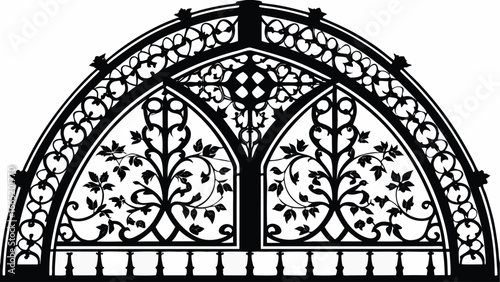 Ornate black iron archway with floral design and decorative accents in a symmetrical pattern style |  editable eps vectors silhouette