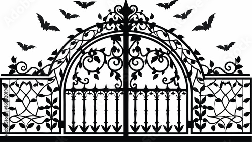 Ornate wrought iron gate with decorative swirls and bats flying above a gothic entrance design |  editable eps vectors silhouette