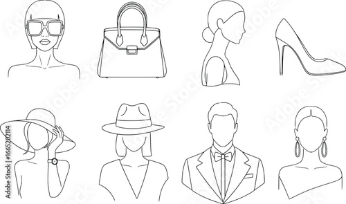 Fashionable silhouette designs featuring elegant hats shoes and stylish attire