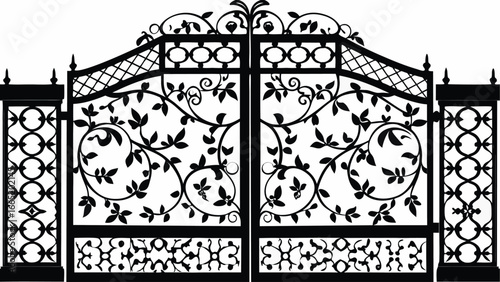 Ornate wrought iron gate with floral vines and decorative pillars in a symmetrical design style |  editable eps vectors silhouette