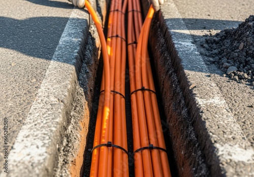 Installation of orange fiber optic cables in a trench on a paved road, highlighting infrastructure development