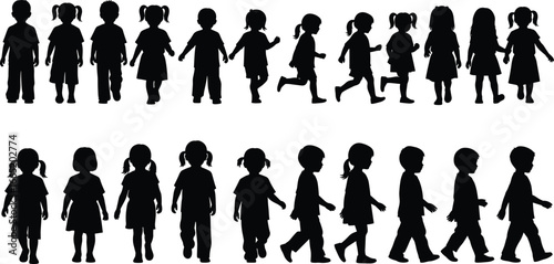 PrintBlack silhouette vector set of children in various walking, running, and standing poses for education, design, school, childhood, and character illustration