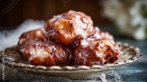 Moody close-up of sugar-glazed apple fritters on a vintage ceramic plate
