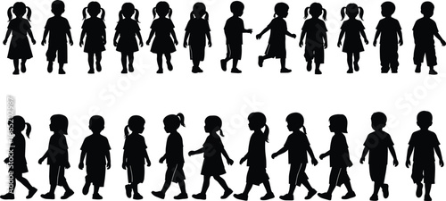 PrintBlack silhouette vector set of children standing and walking in profile and front view for education, design, school, childhood, and character illustration