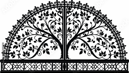 Detailed black and white illustration of a wrought iron tree design with ornate decorative elements above it |  editable eps vectors silhouette