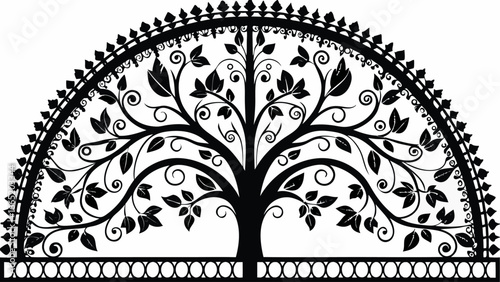 Elaborate wrought iron tree design with ornate details in a semi circular frame on a white background |  editable eps vectors silhouette
