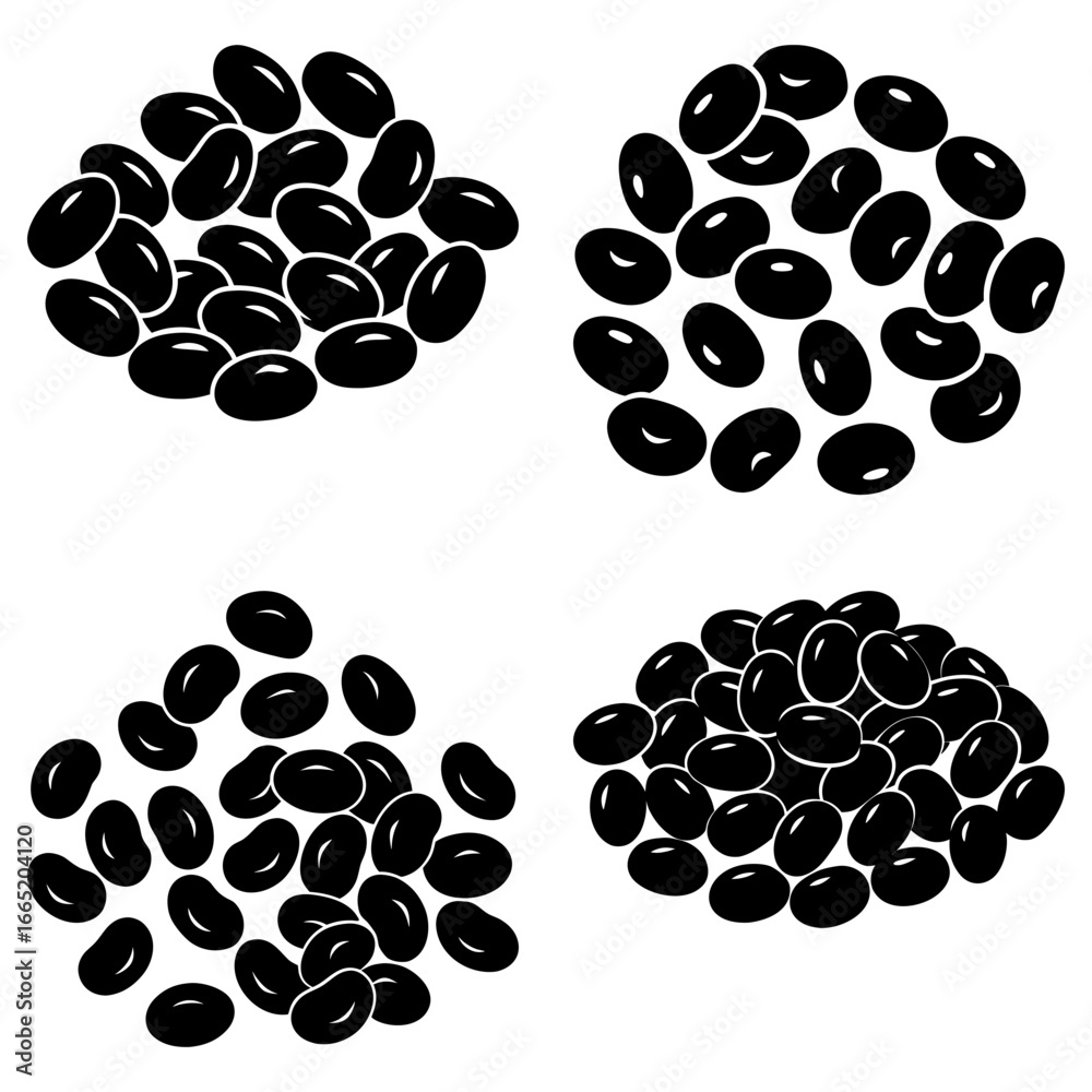Fototapeta premium Four distinct piles of black beans arranged on a white background in a simple vector illustration