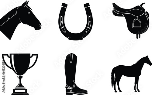 Equine sports and equestrian lifestyle collection silhouette icons featuring horse saddle horseshoe boot and trophy