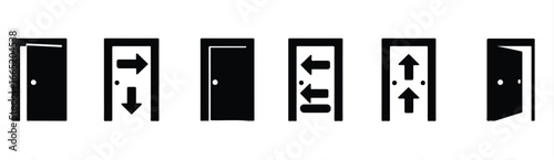 Collection of Door Icons Representing Entrance Exit and Directional Guidance in Black and White Simple Designs
