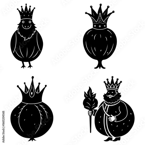 Black and white illustration of four crowned figures including a bird and a king character