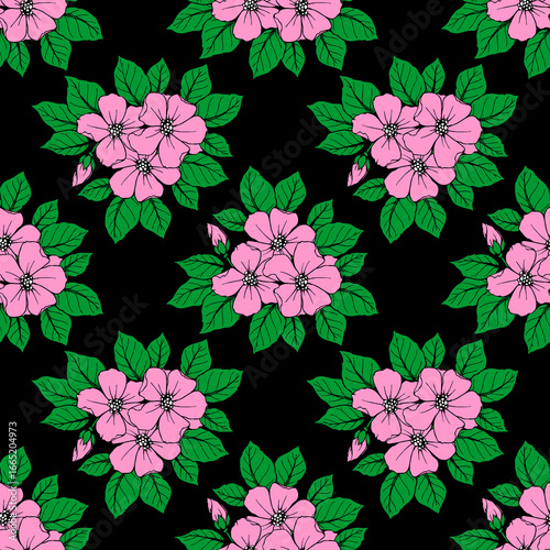 Wallpaper Mural seamless pattern of large pink flowers on a black background, texture, design Torontodigital.ca