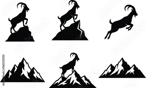 Mountain goat silhouettes dynamic poses on rocky peaks adventure wildlife nature scene set