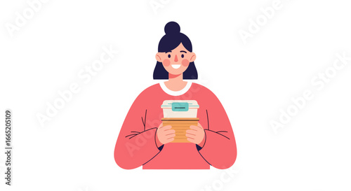 Smiling woman holds modern reusable containers, promoting an eco-friendly approach to food delivery and sustainable takeaway meals