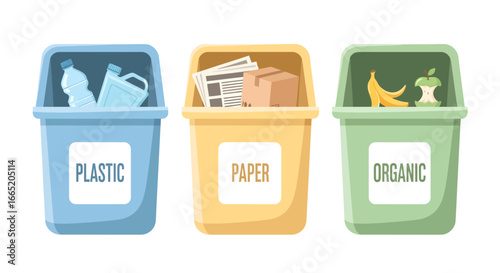 Color-coded recycling bins for plastic, paper, and organic waste illustrate effective separation, promoting environmental sustainability and responsible refuse management practices