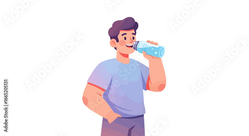 Vibrant illustration of a healthy man drinking from a reusable water bottle, promoting daily hydration, active lifestyle, and eco-conscious choices for personal well-being