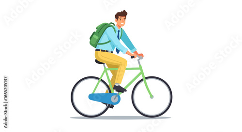 Happy commuter cycles to work, promoting an eco-friendly urban lifestyle. Sustainable daily travel by bicycle offers a healthy and active start to the day