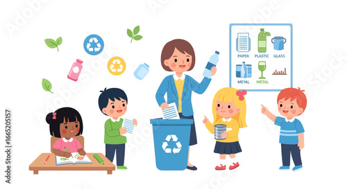 Children Classroom Recycling Lesson Teacher guides kids in waste sorting and environmental care. Fostering ecological awareness for sustainable practices