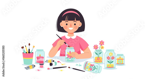 A delightful young girl demonstrates her creativity by upcycling old glass jars, transforming them into beautifully hand-painted decorative pieces, a joyful craft activity