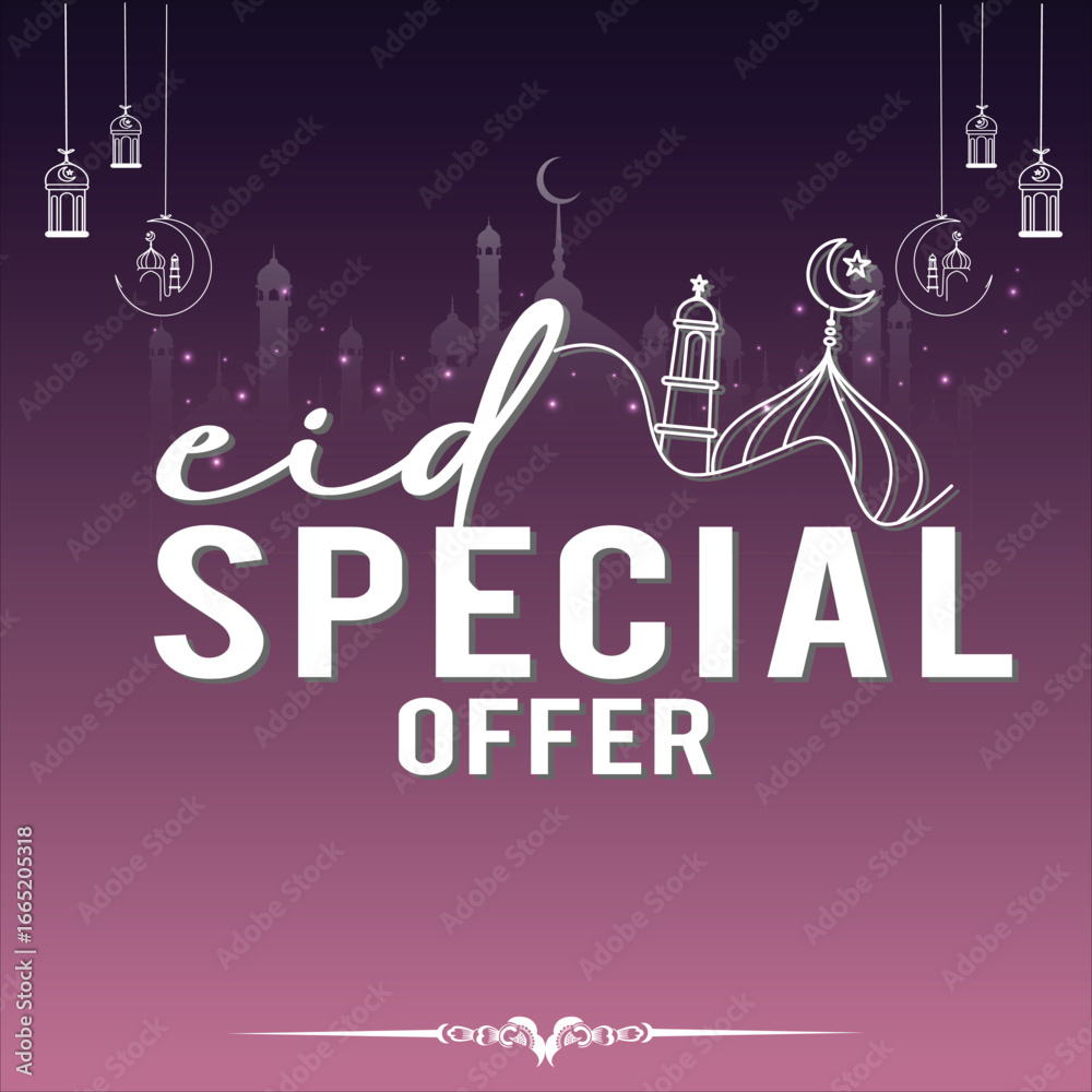 Naklejka premium Eid Special Offer design .Eid Sale vector illustration art for social media and website,Eid sale offer Ramazan sale, Ramadan weekend sale, Eid special offer isolated on premium gradient background .