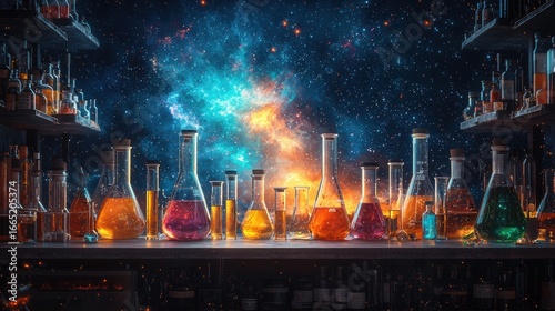 A vibrant blue canvas, upon which sits a laboratory table, laden with beakers, test tubes, and flasks filled with colorful, bubbling substances. The air crackles with the anticipation of discovery 