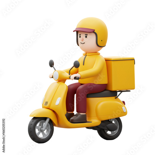 Smiling Delivery Person on Yellow Scooter 3D Rendering