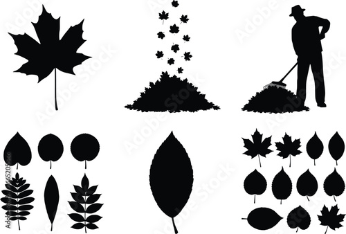 Collection of autumn leaf silhouettes and gardener raking pile of leaves set
