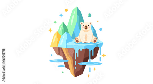 Illustration of a polar bear on a melting iceberg, framed by colorful ice crystals, symbolizing arctic habitat loss due to climate change