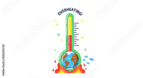 Visual representation of Earth experiencing an intense thermal rise, captured within a symbolic thermometer indicating severe global warming and climate crisis