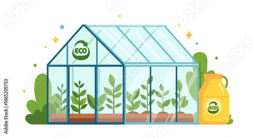 Modern glass greenhouse flourishing with lush organic plants, embodying sustainable gardening practices, eco-friendly agriculture, and a commitment to natural growth