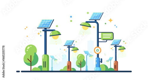 Sustainable urban lighting concept rows of innovative solar-powered street lamps with integrated panels, contributing to green energy and smart city development