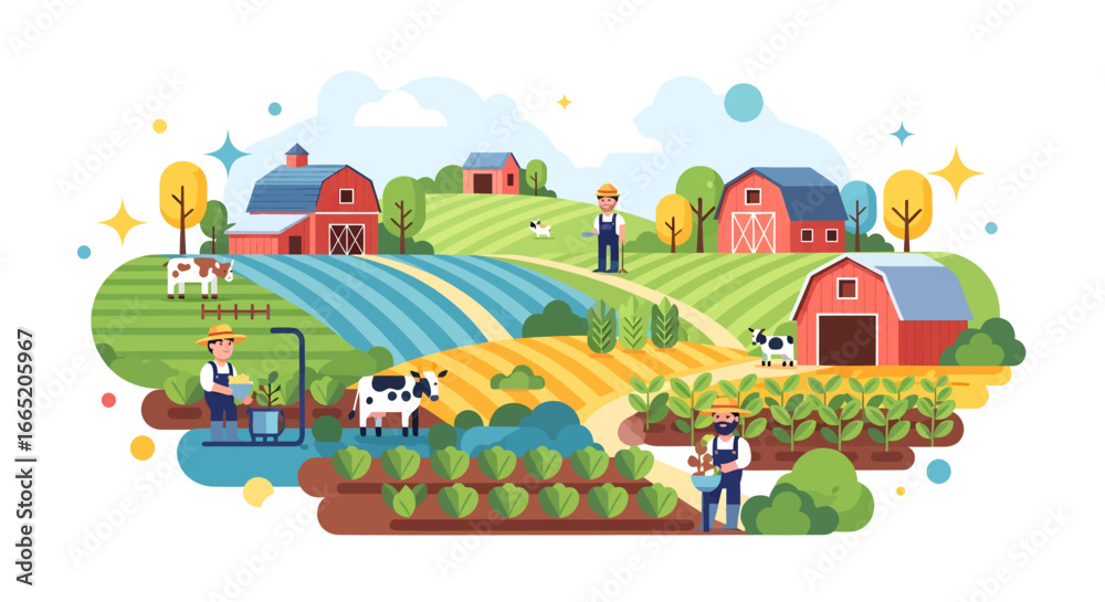 Obraz premium Picturesque sustainable farm landscape illustration, where diligent farmers cultivate bountiful crops and care for livestock, embodying modern eco-friendly agricultural practices