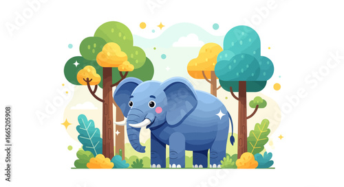 Adorable blue elephant illustration in a magical, colorful forest, representing serene wildlife and the importance of conserving its natural environment