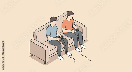 Two men on couch. Playing games with joysticks, on a tan floor. Vector illustration
