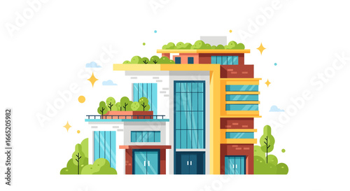 Modern sustainable architecture featuring lush rooftop gardens and integrated green spaces, creating an eco-friendly urban oasis with contemporary design elements