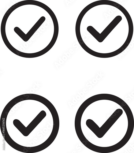 Four simple black check mark icons in circles for approval and completion confirmation