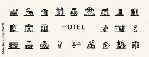 Collection of Hotel Icons Depicting Various Building Styles and Travel Related Concepts for Design Projects