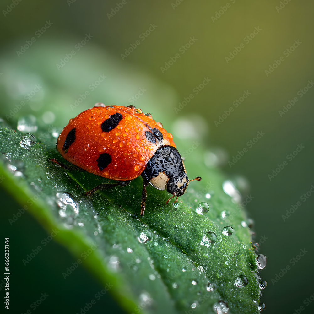 Fototapeta premium Close-Up of a Ladybug with Dew Drops on a Green Leaf Surface