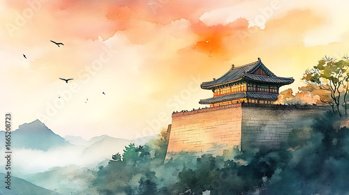 Traditional Asian fortress or temple on hilltop during sunset with birds flying in sky and misty mountains in background, painted in watercolor style, evoking peaceful and historic atmosphere