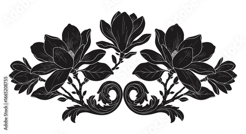 Black floral design with leaves and stems on white background