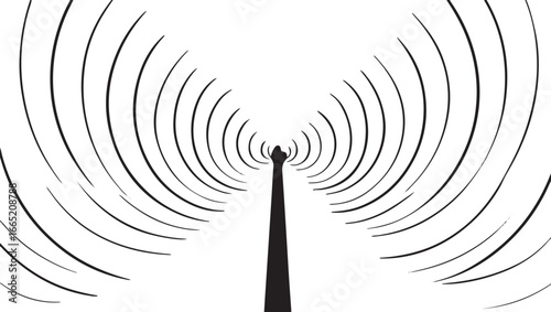 Black antenna emitting concentric waves on white background signal broadcast