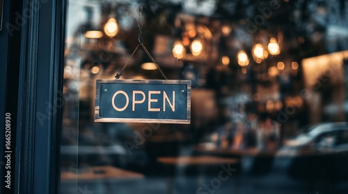 Open sign inviting customers into a welcoming shop with warm lighting perfect for business advertising and retail promotions, Generative AI.