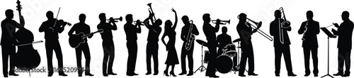 PrintSilhouette jazz orchestra with conductor, vocalist, brass and rhythm section performing live music concert featuring diverse instruments in dynamic stage scene