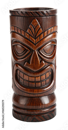 Traditional Polynesian tiki carving with exaggerated face features, isolated on transparent background. PNG