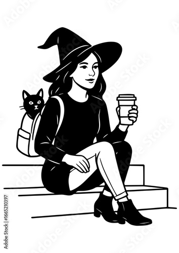 Black and white vector of a modern witch in hat drinking coffee on stairs with a black cat in her backpack. Perfect for engraving, prints