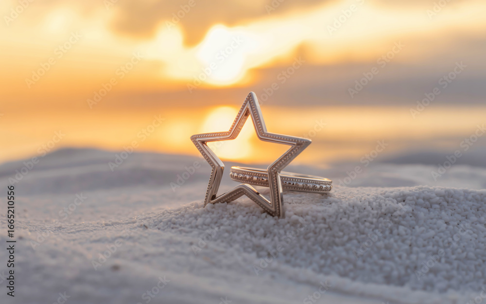 Naklejka premium Elegant star and ring on white sand with sunset glow, perfect for romantic concepts