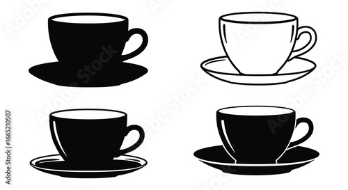 Four black and white coffee cup icons in different styles and positions