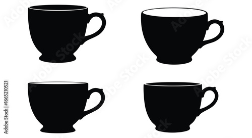 Four black coffee cup silhouettes in different orientations on white background