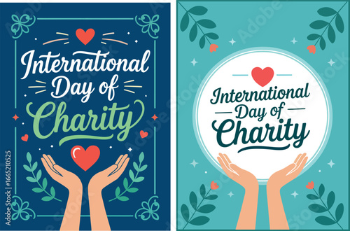 Cute Charity Day Celebration Poster with Hands Holding Heart and Decorative Elements 