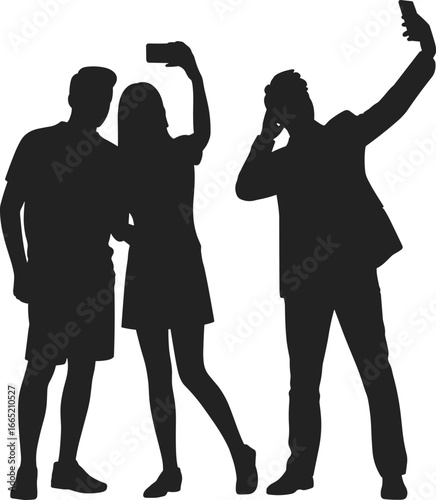 PrintSilhouette of three people taking selfies in modern casual and formal outfits, perfect for social media, friendship, and lifestyle themed designs